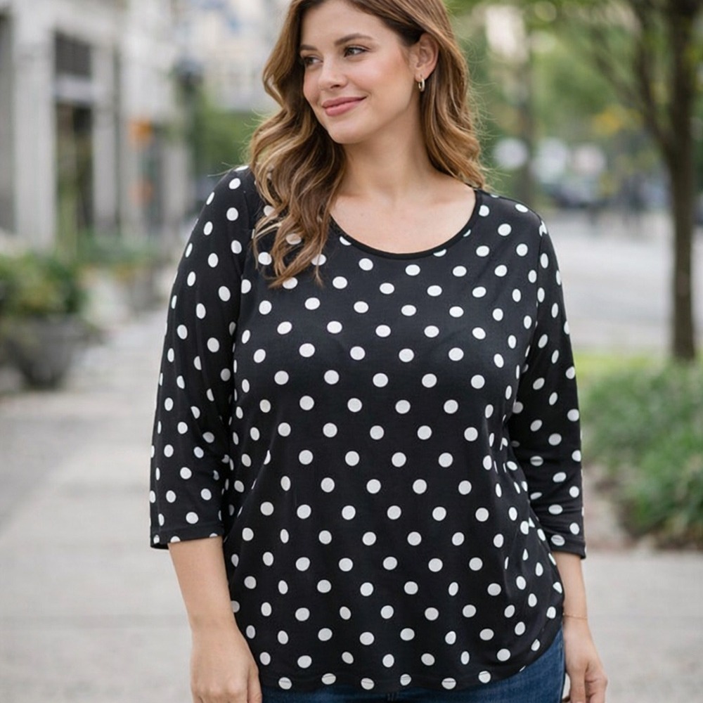 Meineinu Polka Dot Blouse Women 2XL Black White Sheer Stretch Minimalist
